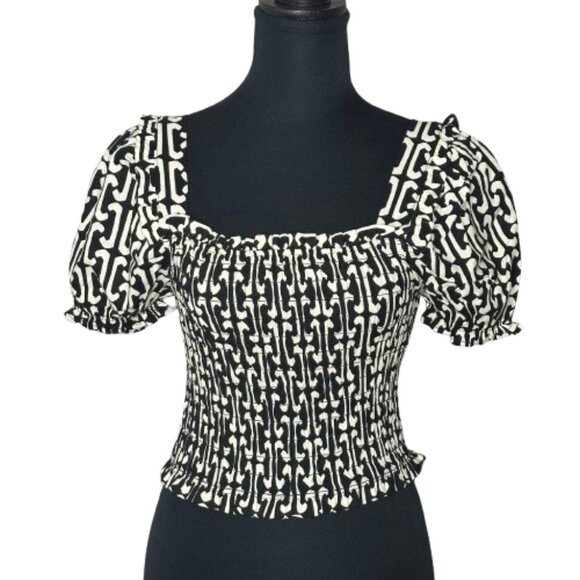Monteau Linen Blend Smocked Puff Sleeve Crop Top Black Cream Size Small - Picture 1 of 11